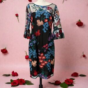 Adrianna Papell - Embroidered Floral Black Dress with Blue and Maroon Accents